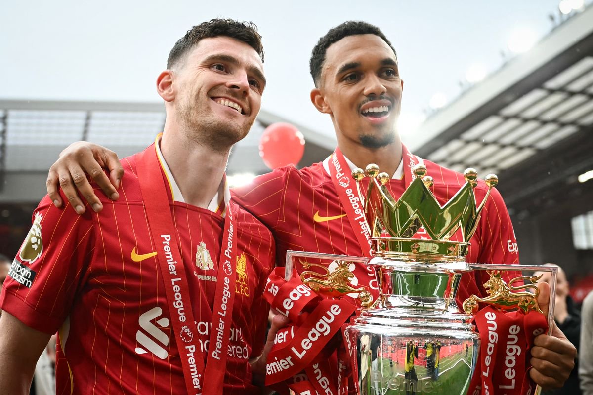 Andy Robertson and Trent Alexander-Arnold with the Premier League trophy