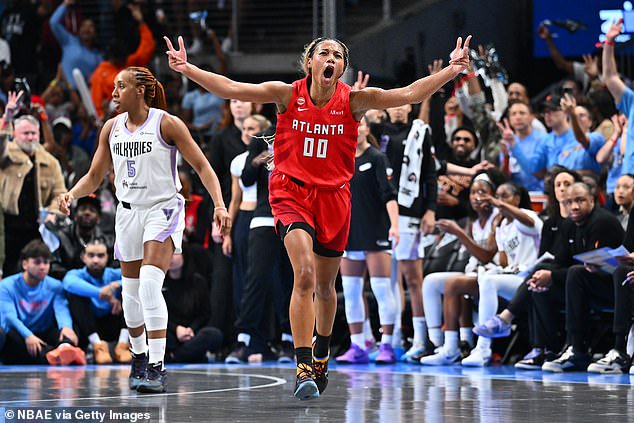 Naz Hillmon #00 of the Atlanta Dream celebrates during the game against the Valkyries