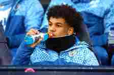 Oscar Bobb of Manchester City takes a drink during the Emirates FA Cup Quarter Final match between Manchester City and Newcastle United at Etihad S...