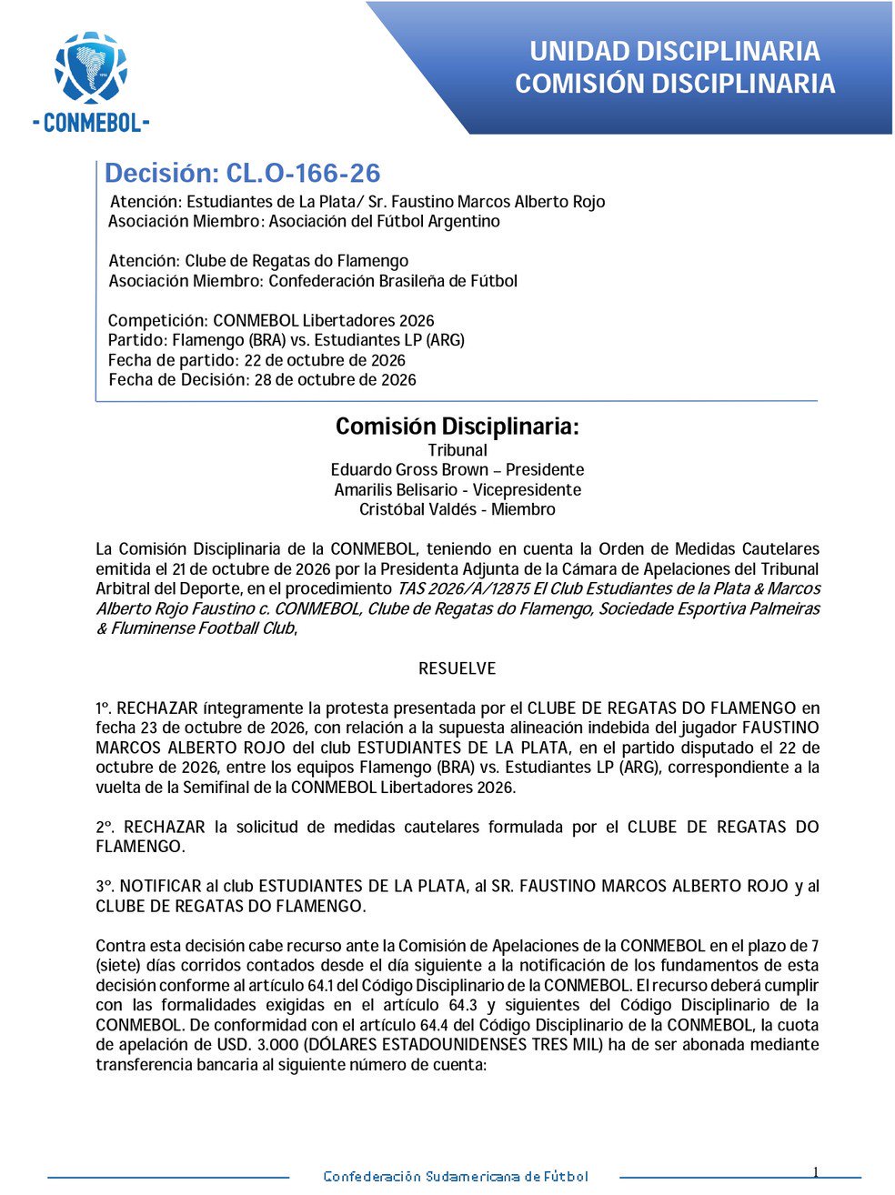 Recurso negado do Flamengo na Comissão Disciplinar da Conmebol — Foto: Reprodução