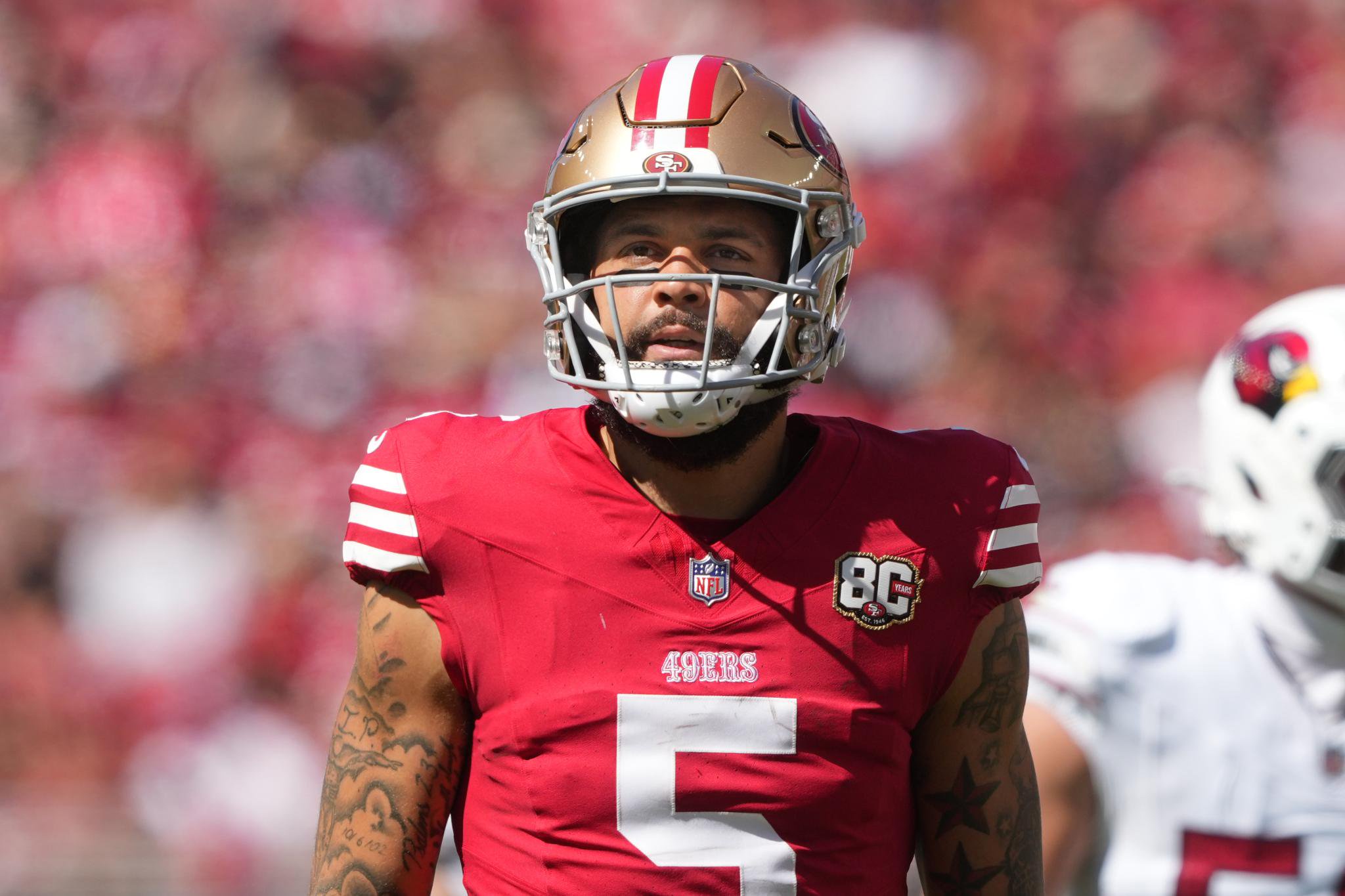 San Francisco 49ers wide receiver Mike Evans (5) plays during the second quarter against the Arizona Cardinals at Levi's Stadium in Santa Clara, California, Sunday, Sept. 27, 2026.