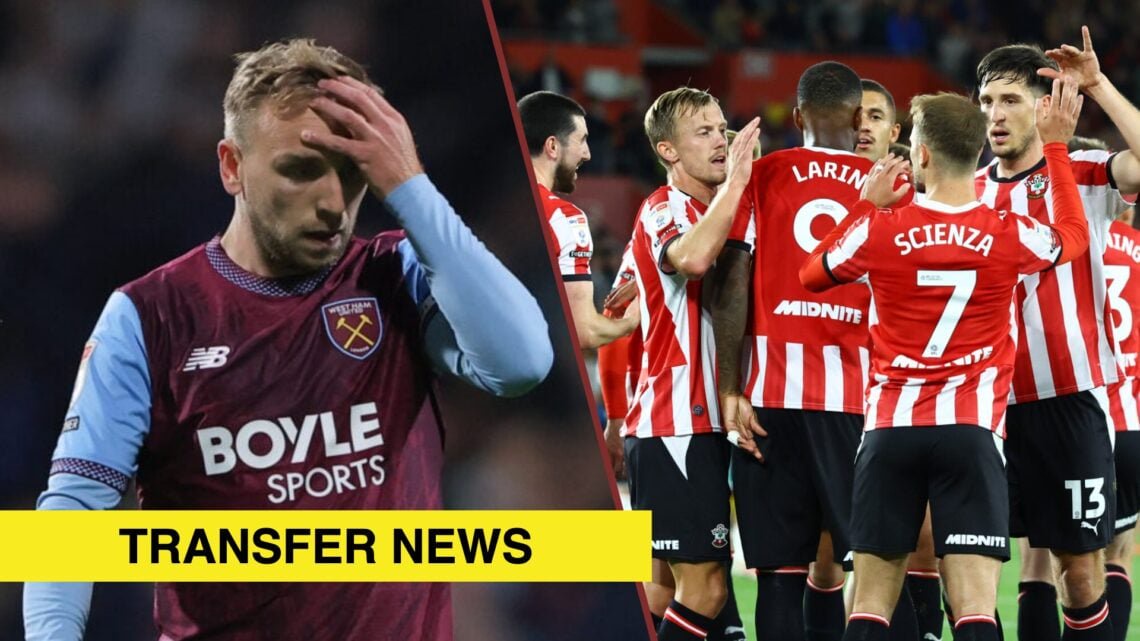 Split image showing West Ham United captain Jarrod Bowen, and Southampton players celebrating a Cyle Larin goal