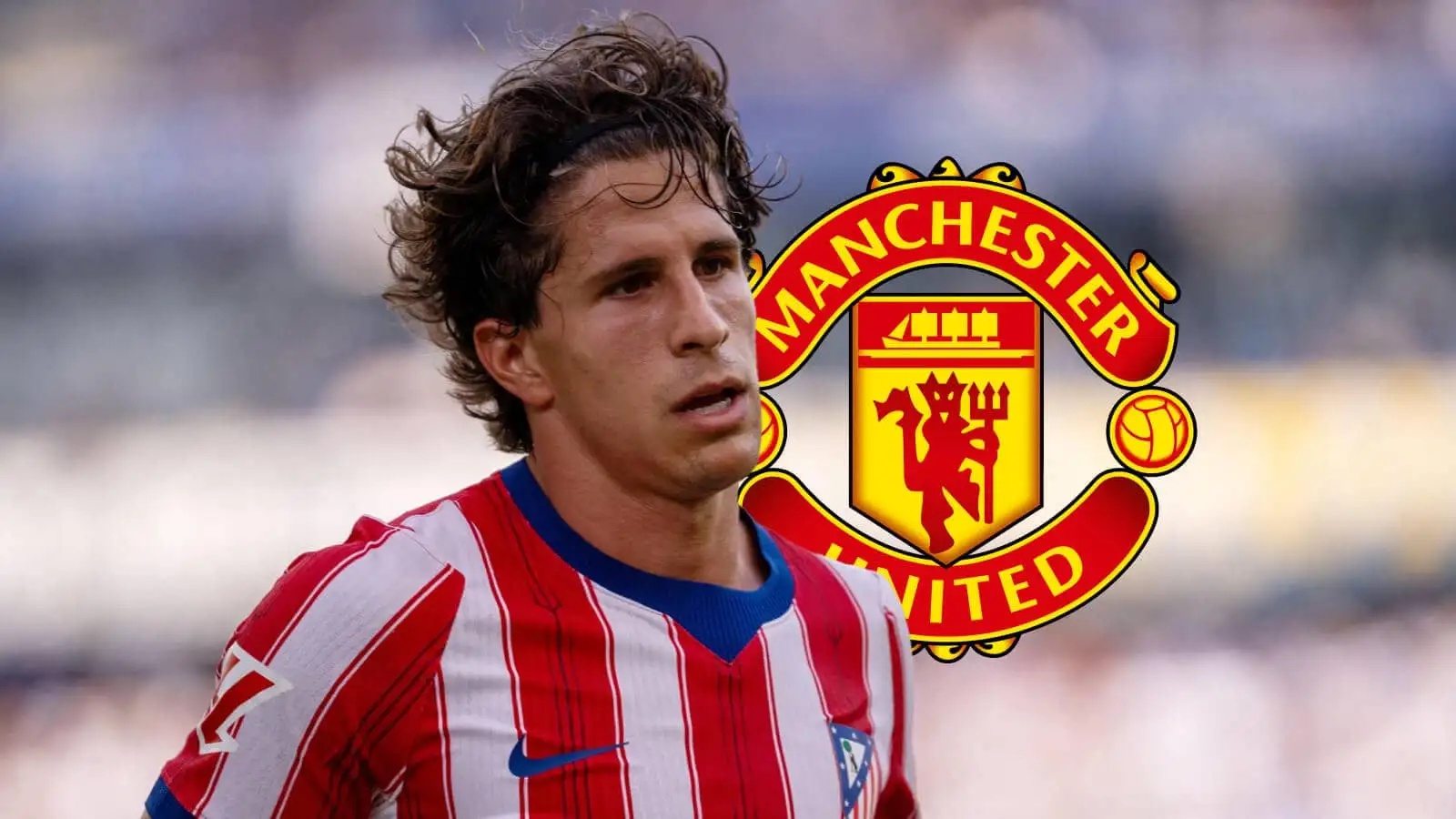 Atletico Madrid winger Giuliano Simeone next to the Manchester United badge - copyright TEAMtalk