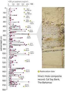 One sediment core with dates showing high levels of sand deposits and a photo of one section showing the sand layer.