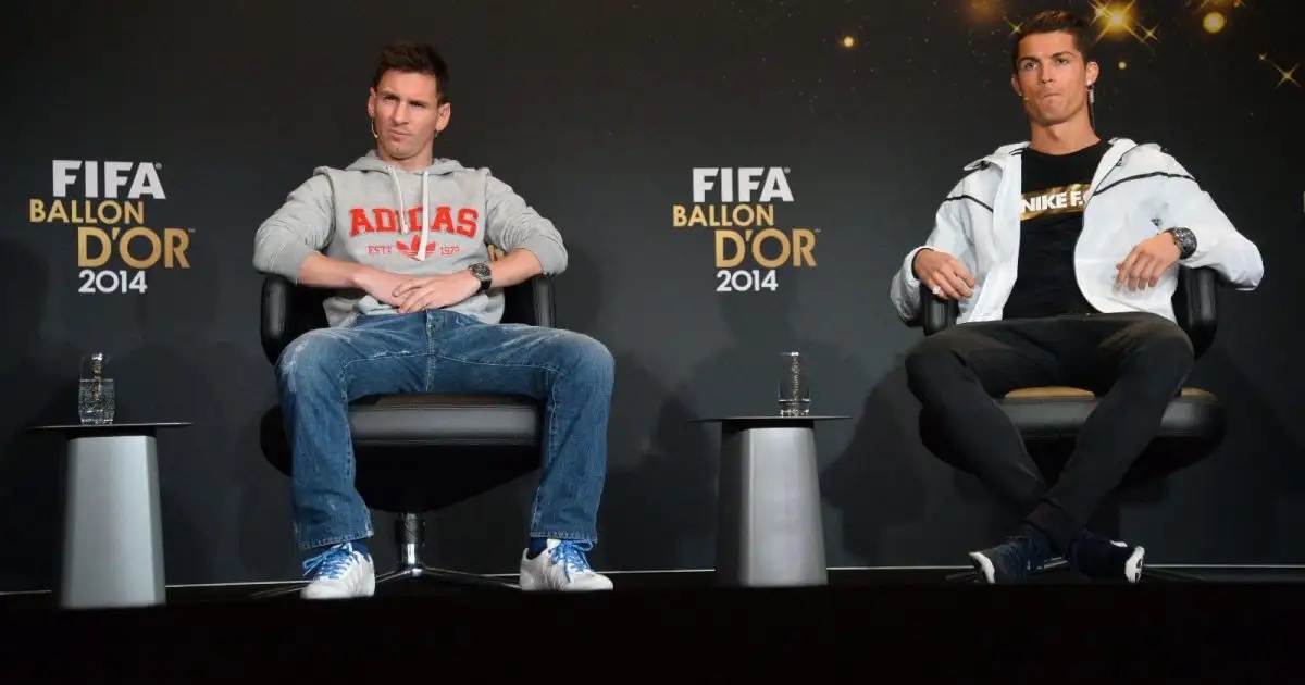 Argentina's Lionel Messi and Portugal's Cristiano Ronaldo during a press conference before the FIFA Ballon d’Or 2014 Award Gala at the Kongresshalle in Zurich, Switzerland on January 12, 2015.