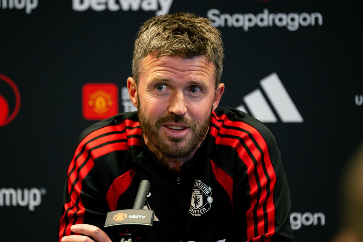 Head Coach Michael Carrick of Manchester United speaks during a press conference at Carrington Training Ground on October 16, 2026 in Manchester, England.