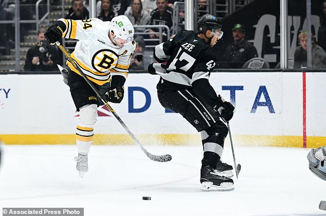 Boston Bruins left wing Tanner Jeannot (84) battles for the puck against Los Angeles Kings left wing Andre Lee (47) during the first period of an NHL hockey game Saturday, Oct. 17, 2026, in Los Angeles. (AP Photo/Wally Skalij)
