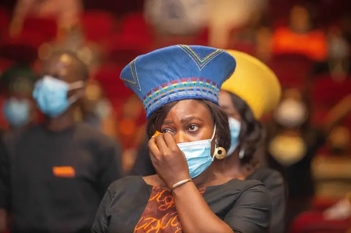 A mourner at the night of tributes for the late Pastor Nomthi Odukoya at the Fountain of Life Church, Ilupeju, Lagos on Monday