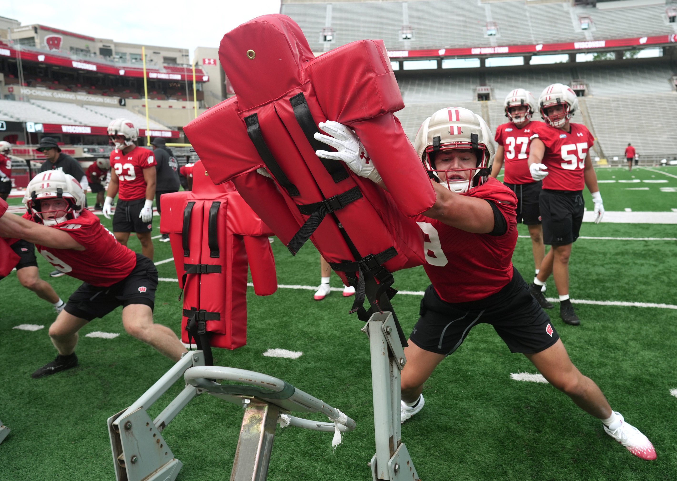 Wisconsin linebacker Mason Posa (8) is shown during football practice Thursday, August 6, 2026 at Camp Randall Stadium in Madison, Wisconsin.