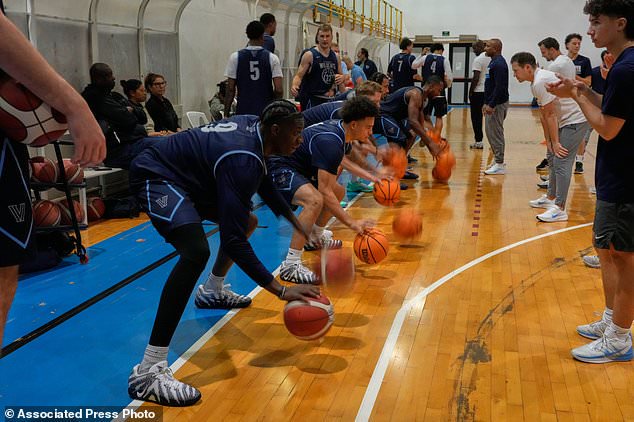 The Villanova men's basketball team takes part in a training session in Rome, Thursday, Oct. 29, 2026. (AP Photo/Gregorio Borgia)