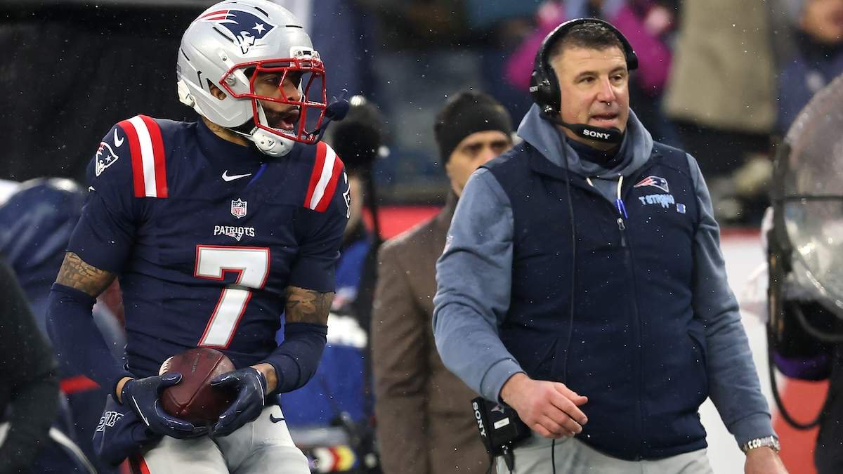 Carlton Davis III #7 of the New England Patriots reacts after an interception