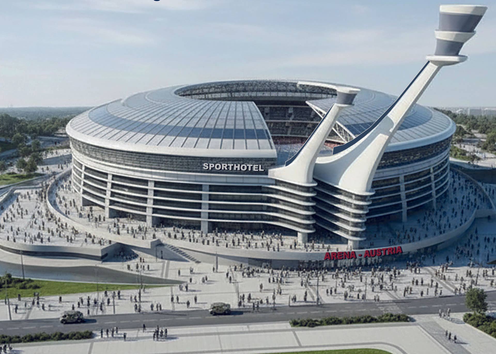 Visualisierung einer modernen, runden Multifunktionsarena mit Aufschrift "ARENA AUSTRIA" und "SPORTHOTEL".