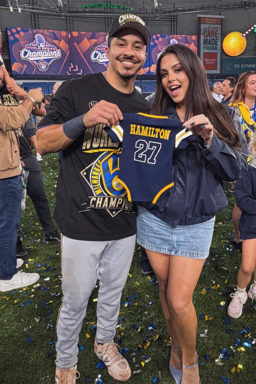 Brewers third baseman David Hamilton and his wife Mallory Hamilton announced they're expecting a baby after  Milwaukee's 4-1 win over the Tampa Bay Rays in Game 5 to win the 2026 World Series on Wednesday, October 28, 2026. 
