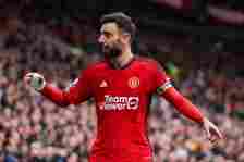 Bruno Fernandes of Manchester United during the Premier League match between Manchester United and Burnley FC at Old Trafford on April 27, 2024 in ...
