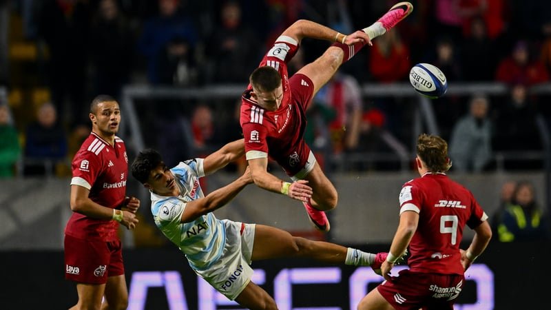 Cork , Ireland - 17 October 2026; Ben O'Connor of Munster is tackled by Arthur Roche of Racing 92 during the Investec Champions Cup Round 1 match between Munster and Racing 92 at SuperValu Páirc Ui Chaoimh in Cork. (Photo By Shauna Clinton/Sportsfile via
