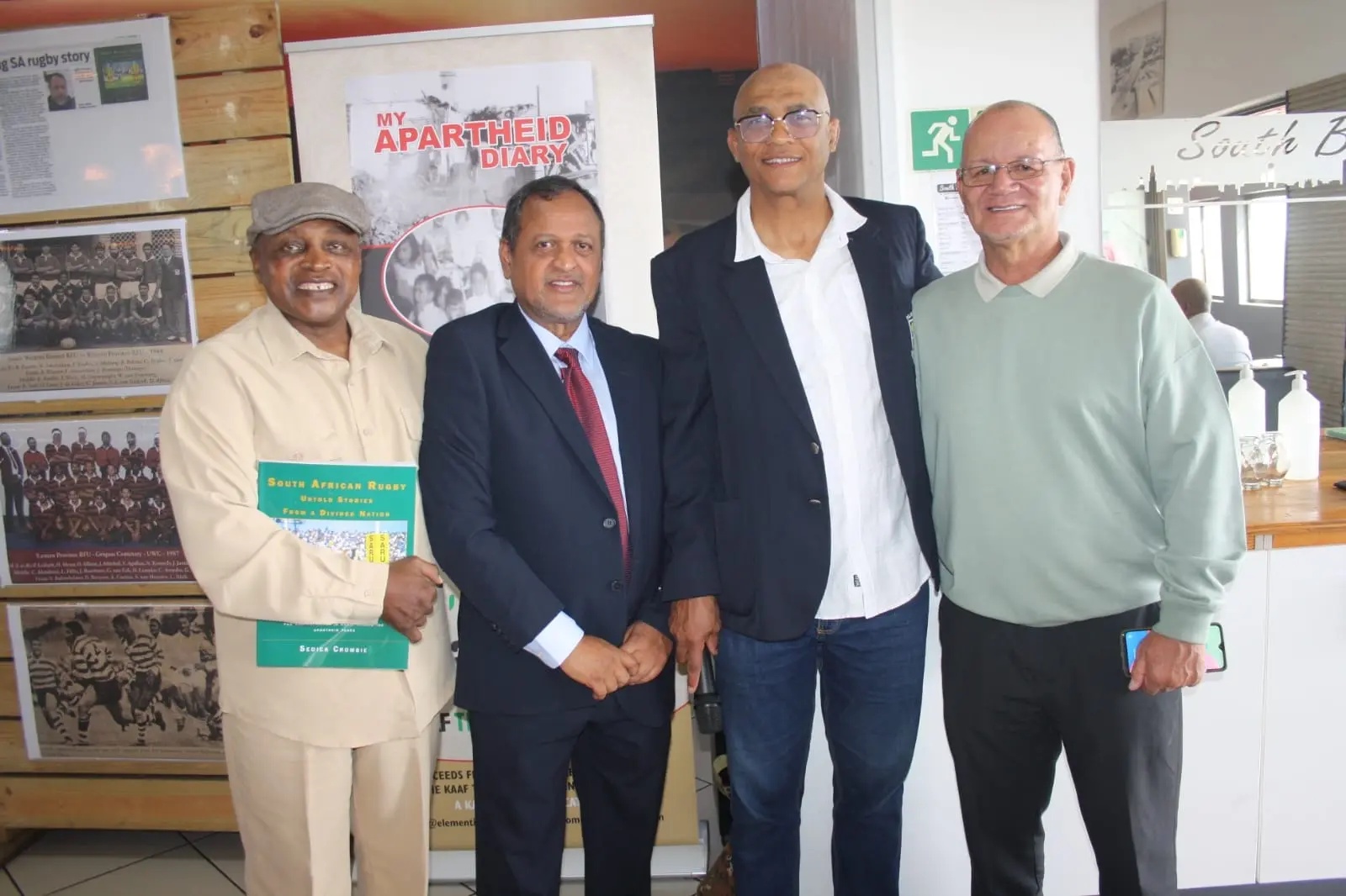 At the launch of Sedick Crombie's book 'South African Rugby: untold stories from a divided nation' are, from left, Zola Yeye, Crombie, Bernard Petersen and Peter Slabbert. Yeye and Slabbert's stories are included in the book and Yeye, Slabbert and Petersen are all former Saru players