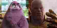 MCU's Thanos and McDonald's Grimace side-by-side split image.