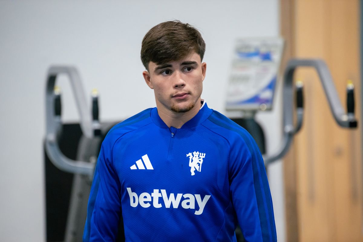 Harry Amass of Manchester United in action during the training session/press conference on day ahead of the UEFA Champions League 2026/27 League Phase MD3 at Carrington Training Ground on October 20, 2026 in Manchester, England