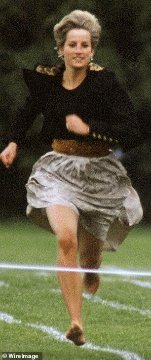 Princess Diana runs barefoot in the mothers' race in a skirt and blazer