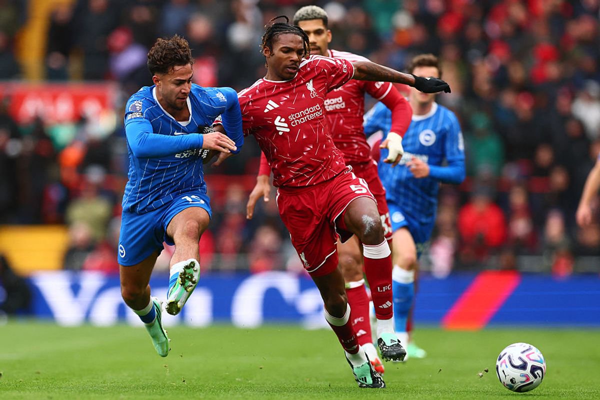 Brighton's Greek striker #19 Charalampos Kostoulas (L) vies with Liverpool's French defender #05 Jeremy Jacquet (R) during the English Premier League football match between Liverpool and Brighton and Hove Albion at Anfield in Liverpool, north west England on October 25, 2026. (Photo by Paul Currie / AFP via Getty Images) / RESTRICTED TO EDITORIAL USE. No use with unauthorized audio, video, data, fixture lists, club/league logos or 'live' services. Online in-match use limited to 120 images. An additional 40 images may be used in extra time. No video emulation. Social media in-match use limited to 120 images. An additional 40 images may be used in extra time. No use in betting publications, games or single club/league/player publications. / 