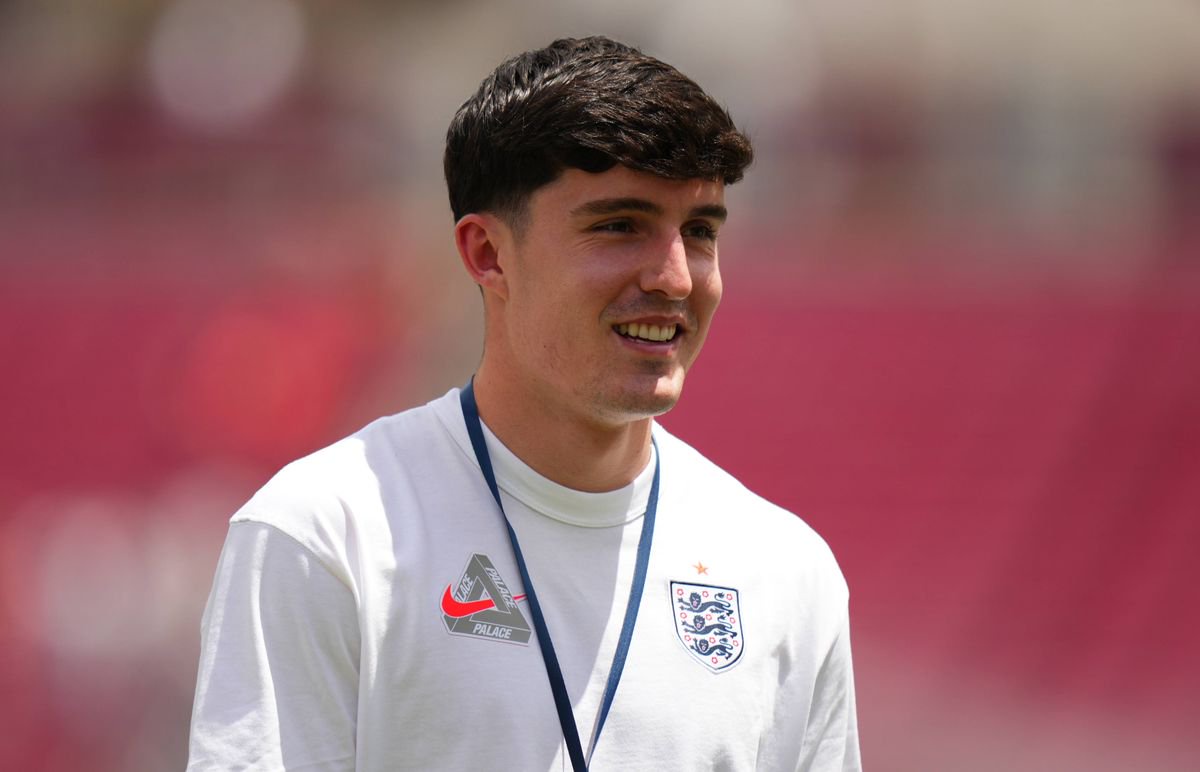 TAMPA, FLORIDA - JUNE 06: Tino Livramento #12 of England inspects the pitch prior to the international friendly match between England and New Zealand at Raymond James Stadium on June 06, 2026 in Tampa, Florida. (Photo by Rich Storry/Getty Images)