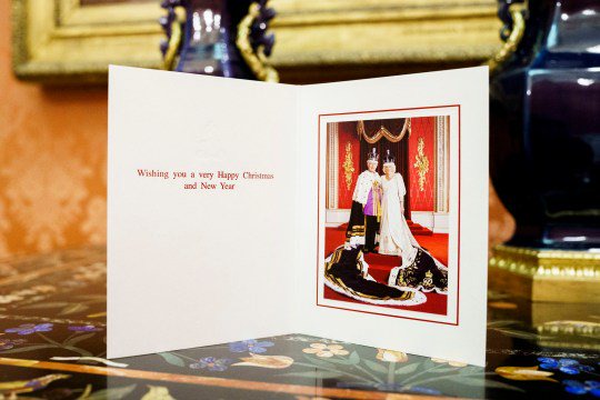 PLEASE NOTE UNTIL 2230 SATURDAY DECEMBER 9 The photograph appearing on the card is copyrighted by Buckingham Palace and Hugo Burnand.  Credit publications are requested ?  Buckingham Palace/Hugo Burnand.  The card photo itself is copyrighted by PA.  Credit publications are requested ?  Buckingham Palace/Hugo Burnand/PA.  The photo of the Christmas card is being made available by PA Media on the condition that: The photo should be used for news editorial purposes only.  It is not approved for use on memorials, or memorials;  or anything like that.  No fee should be charged for providing, releasing or publishing the photograph.  No commercial use of the photo will be made.  The photograph cannot be digitally enhanced, manipulated or modified in any way or form and all individuals must be included when published.  The photograph will not be used after 31 January 2023 without prior permission from Buckingham Palace.  Any questions regarding the further use of the photograph should be directed in the first instance to Buckingham Palace: buckingham.palace@royal.uk King Charles III and Queen Camilla Christmas Card 2023 at Buckingham Palace, London.  The photograph was taken in the Throne Room at Buckingham Palace after Her Majesty's Coronation on 6 May 2023 by Hugo Burnand.  Date of issue: Saturday December 9, 2023. PA Photo.  See PA ROYAL Christmas story.  Photo credit should be as follows: Buckingham Palace/Hugo Burnand/PA/PA Wire