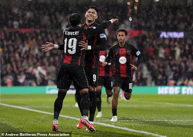 Evanilson reacts to Justin Kluivert opening the scoring against AC Milan last week, kickstarting a historic 3-0 win for the Cherries