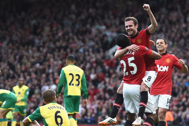 Mata celebrates against Norwich in April 2014