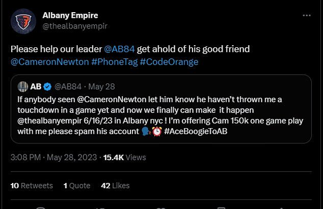 Brown also has taken to social media to trying to recruit former NFL MVP Cam Newton