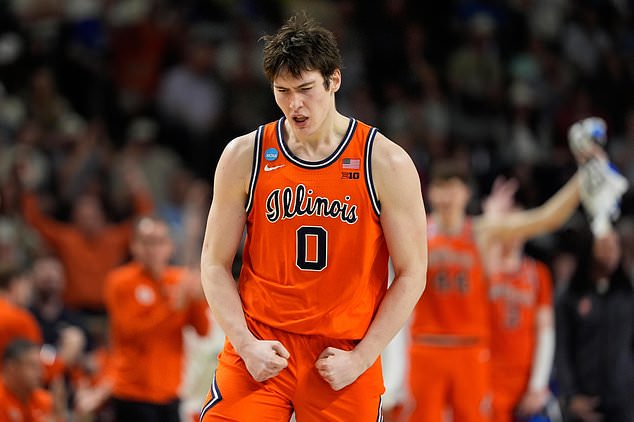 FILE - Illinois forward David Mirkovic celebrates after scoring against VCU during the second half in the second round of the NCAA college basketball tournament, March 21, 2026, in Greenville, S.C. (AP Photo/Chris Carlson, File)