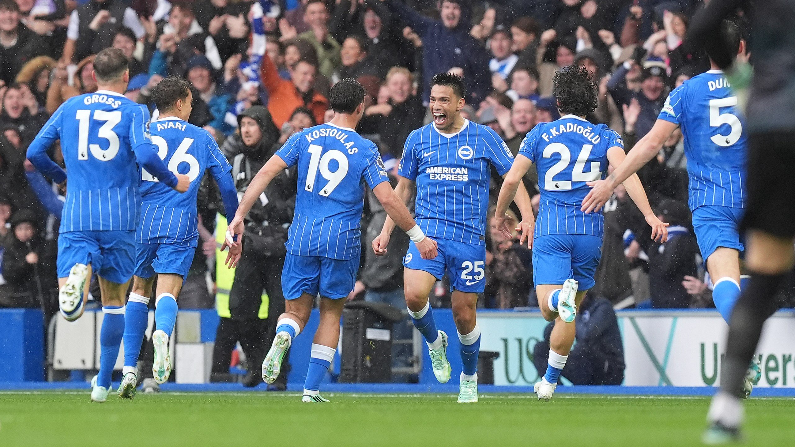Brighton's Diego Gomez, center, celebrates scoring during the English Premier League soccer match between Brighton and Hove Albion and Crystal Palace in Brighton, England, Sunday, Oct. 18, 2026. (Gareth Fuller/PA via AP)