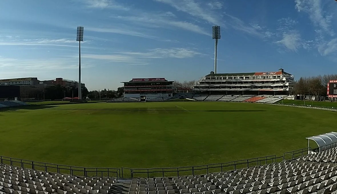 Panoramic view across the empty Newlands Cricket Ground in Cape Town.