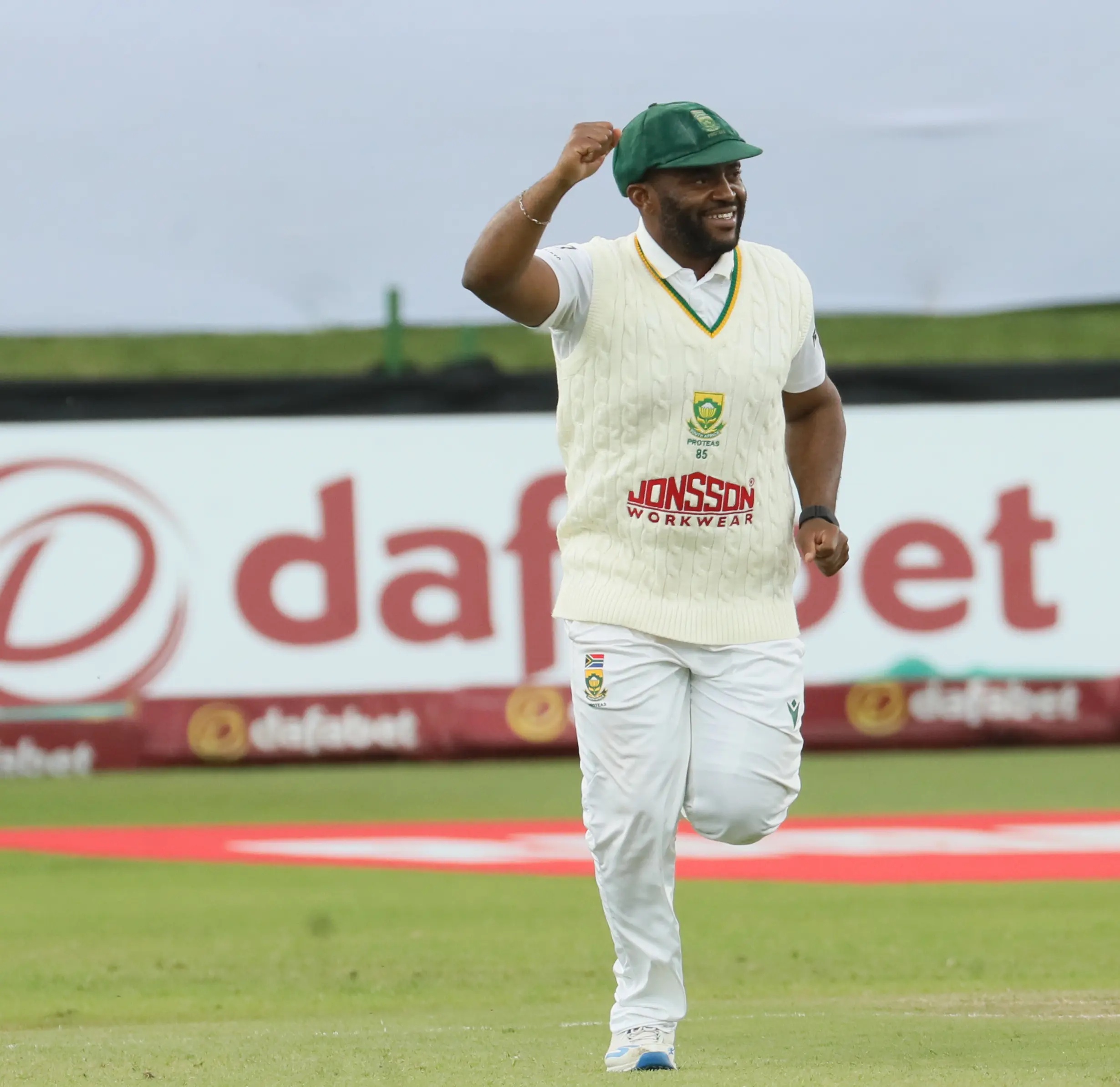 Proteas captain Temba Bavuma cracks a smile as he runs to celebrate their innings-and-31-run victory over Australia in the second Dafabet Test at St George's Park in Gqbeberha on Thursday