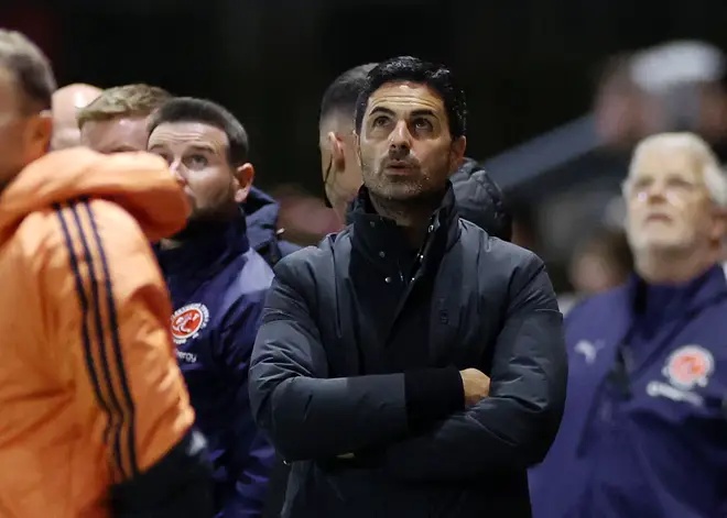 Mikel Arteta, Manager of Arsenal, looks on as a drone pauses the game during the Carabao Cup Fourth Round match between Fleetwood Town and Arsenal