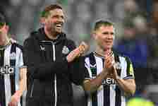 Newcastle player Matt Ritchie with assistant coach Jason Tindall after the Premier League match between Newcastle United and AFC Bournemouth at St....