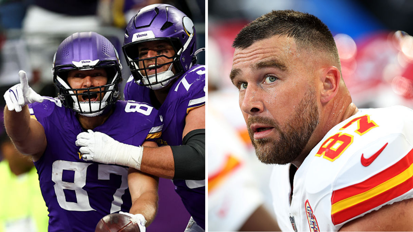 Split image of Minnesota Vikings players celebrating while Travis Kelce looks disappointed during games on 25 October 2026