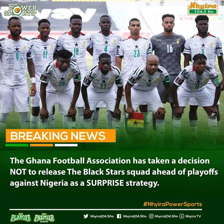 May be an image of 9 people and text that says "NHYIRA WER SP SPORTS RTS- Nnyira 104.5 fm 23 BREAKING NEWS The Ghana Football Association has taken a decision NOT to release The Black Stars squad ahead of playoffs against Nigeria as a SURPRISE strategy. PLAYOFF PREMIER Nhyira104.5fm Nhyira104.5fm #NhyiraPowerSports Nhyiral04.5fm NhyiraT"