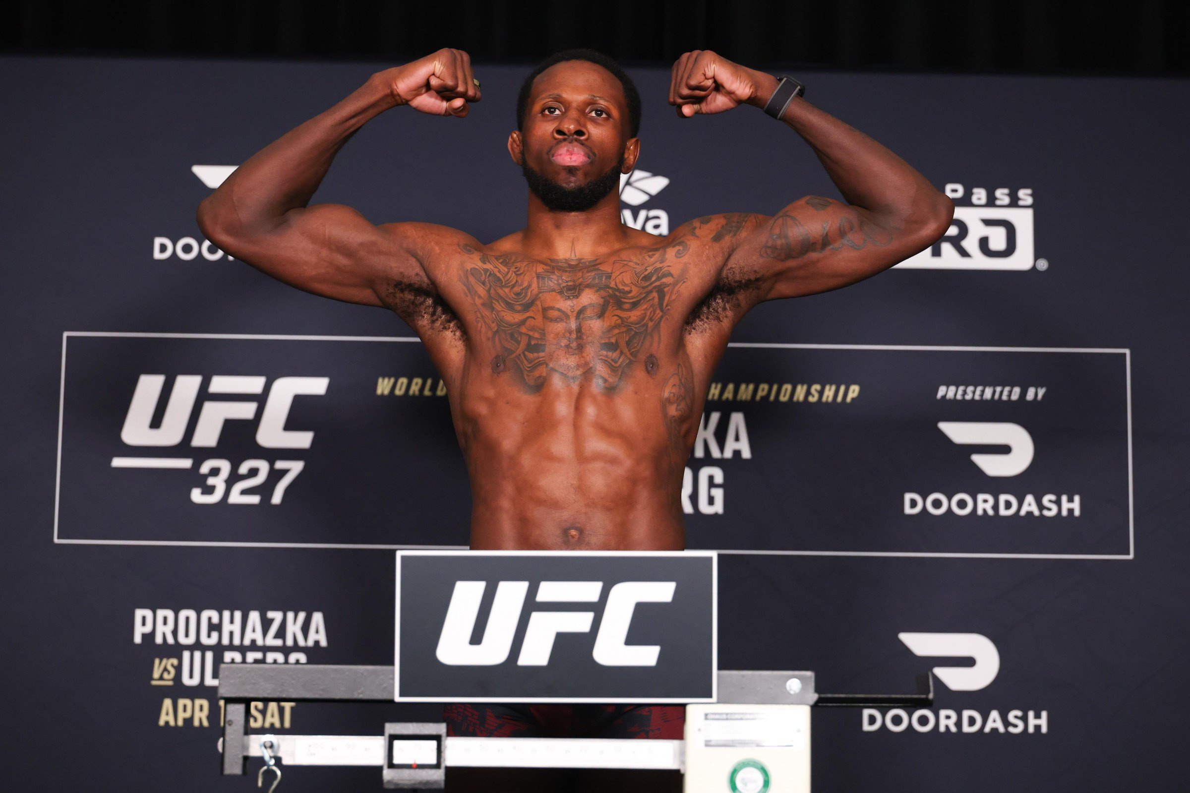 MIAMI, FLORIDA - APRIL 10: Randy Brown poses on the scale at the UFC 327 official weigh-in at Hilton Miami Downtown on April 10, 2026 in Miami, Florida. (Photo by Ed Mulholland/Zuffa LLC)