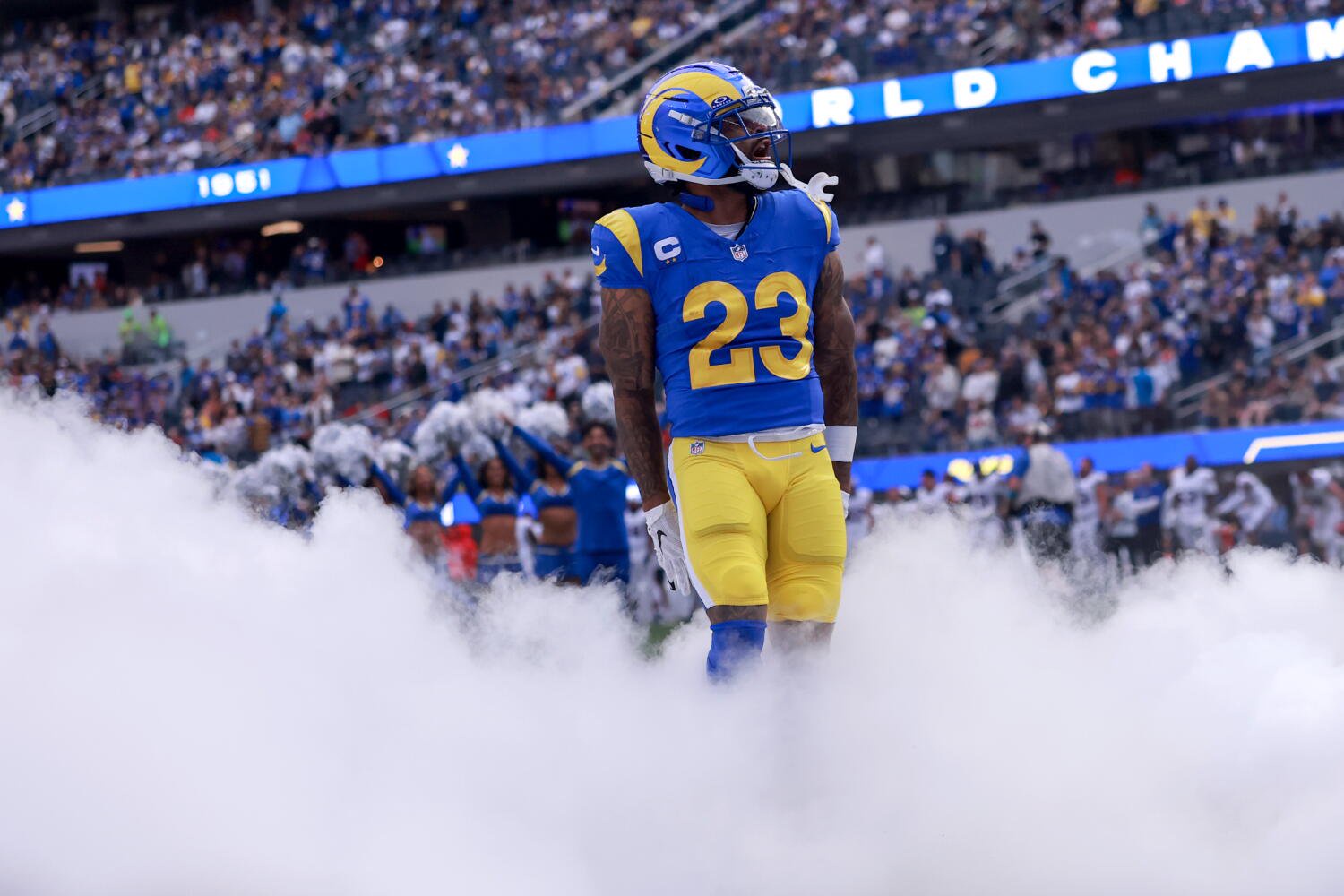 Rams running back Kyren Williams takes the field before facing the Buffalo Bills at SoFi Stadium on Oct. 12.