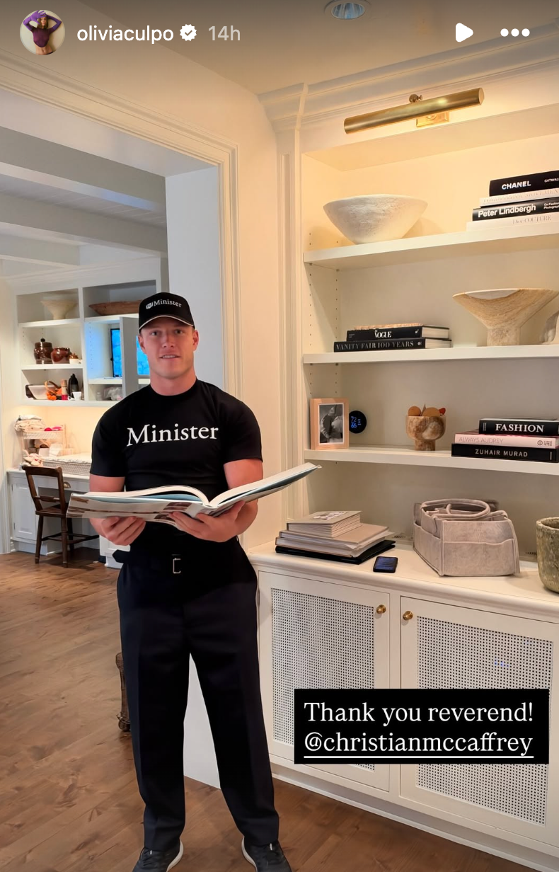 Olivia Culpo's Instagram post showing Christian McCaffrey preparing to be a wedding officiant. (Instagram/@oliviaculpo).