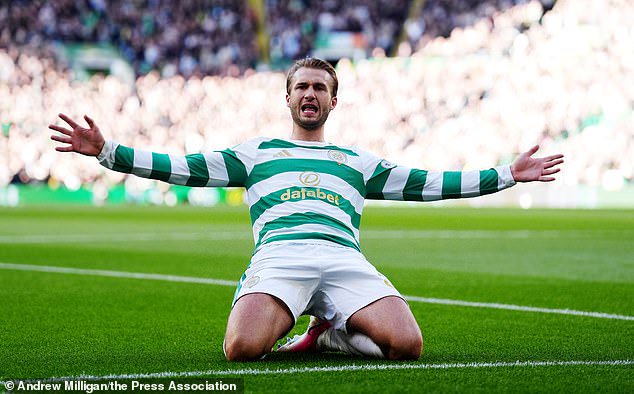 Benjamin Nygren celebrates after scoring Celtic's second goal in the 7-1 thrashing of Hearts