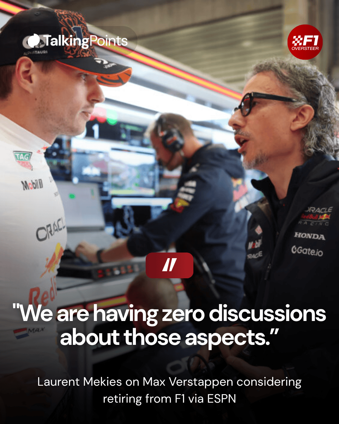 Max Verstappen and Laurent Mekies speak in the Red Bull garage at the 2025 Belgian Grand Prix