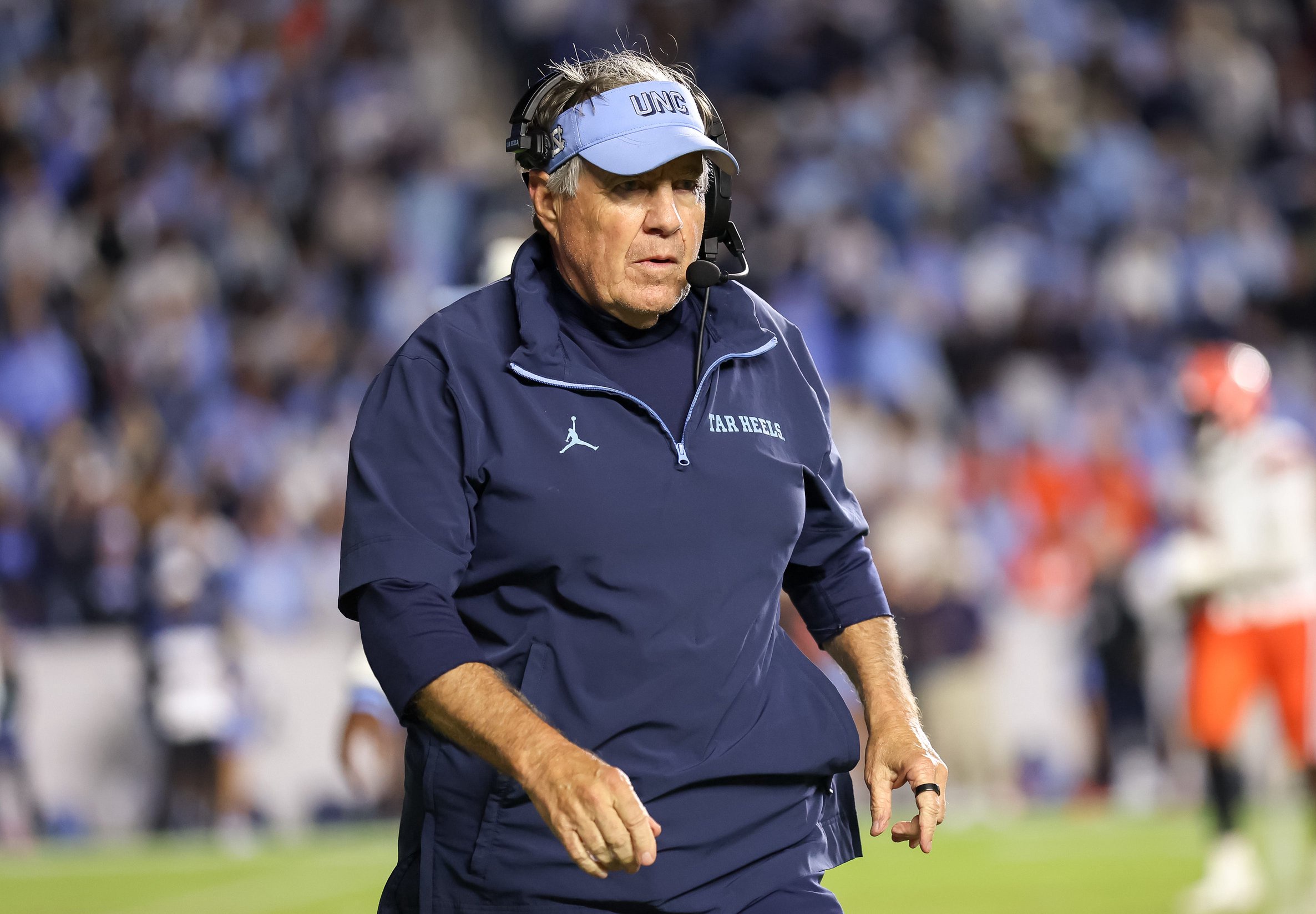 Oct 24, 2026; Chapel Hill, North Carolina, USA;  North Carolina Tar Heels head coach Bill Belichick seen during overtime against Syracuse Orange at Kenan Stadium.  Mandatory Credit: Cory Knowlton-Imagn Images