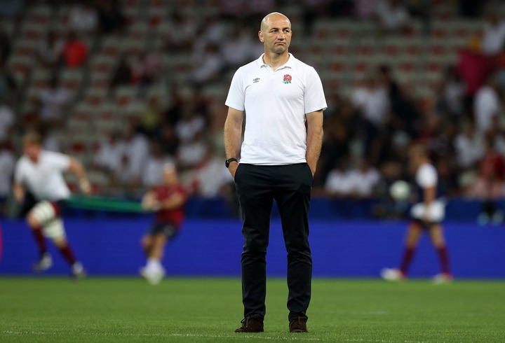 England head coach Steve Borthwick watches the warm up at the Rugby World Cup France 2023 match between England and Japan at Stade de Nice on September 17