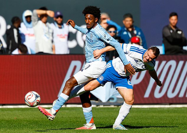 New York City FC forward Talles Magno (11) and CF Montréal midfielder Wikelman Carmona (16) battle for the ball during the first half of an MLS soccer match, Saturday, Oct. 31, 2026, in New York. (AP Photo/Noah K. Murray)