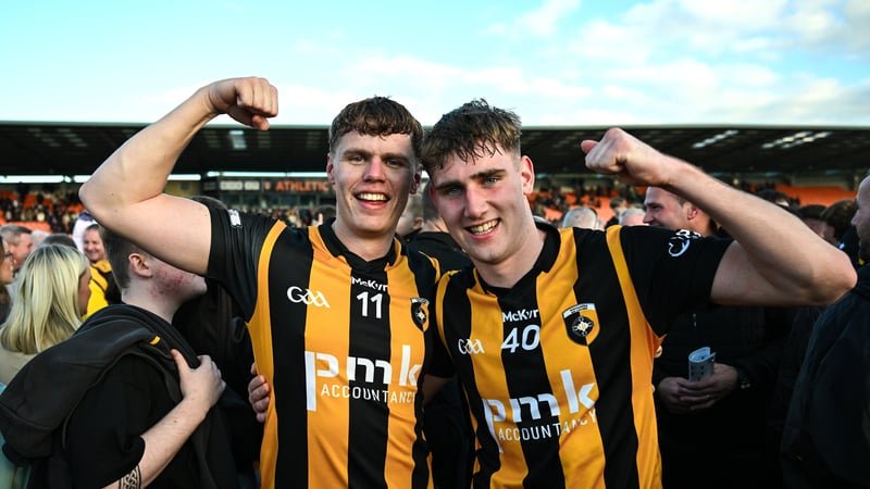 18 October 2026; Oisin O'Neill, left, and Keelan McEntee of Crossmaglen Rangers celebrate their side's win in the Armagh County Senior Club Football Championship final match between Killeavy St Moninna and Crossmaglen Rangers at BOX-IT Athletic Grounds in