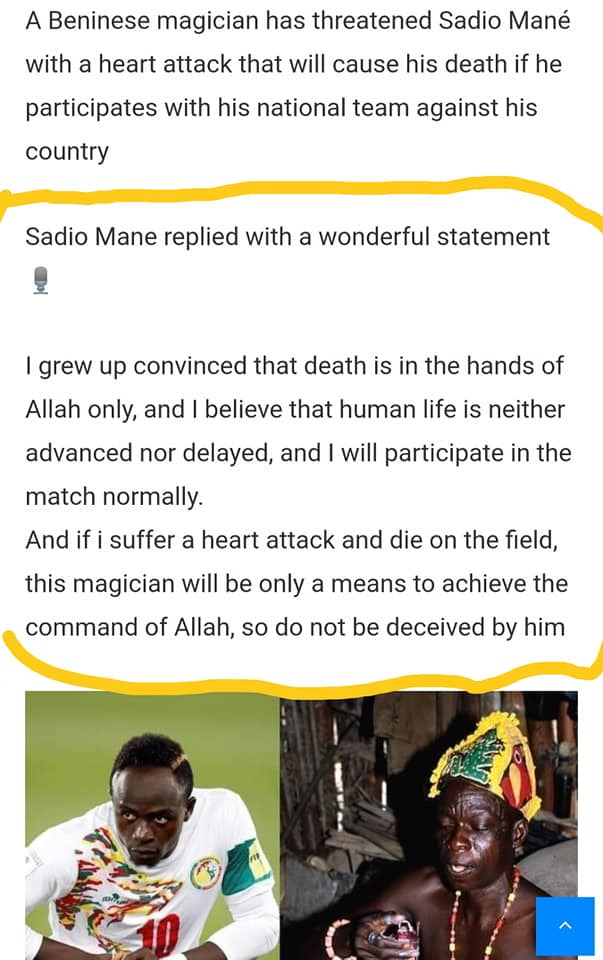 May be an image of 2 people and text that says "A Beninese magician has threatened Sadio Mané with a heart attack that will cause his death if he participates with his national team against his country Sadio <a class=