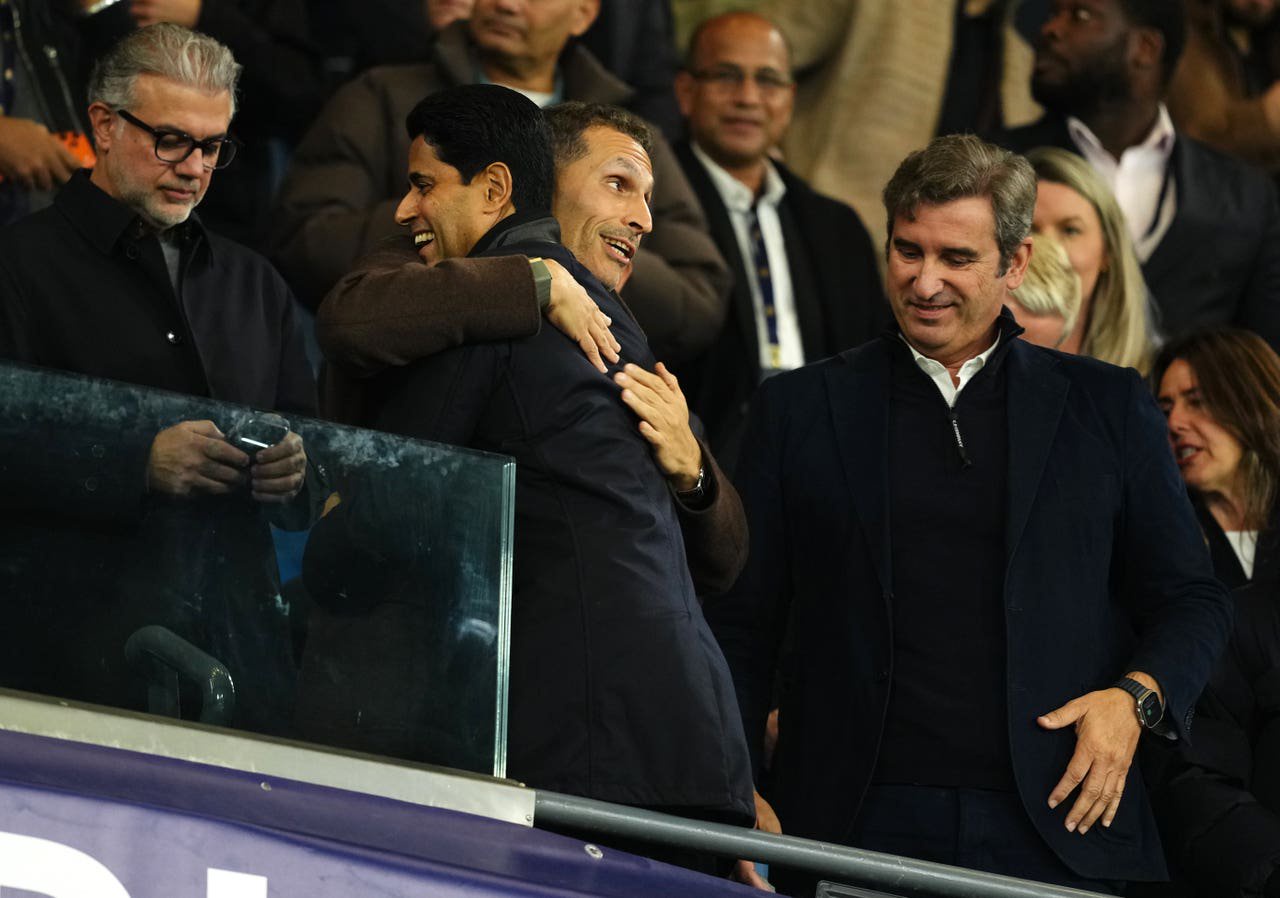 Paris Saint-Germain CEO Nasser Al-Khelaifi (left) greets Manchester City Chairman Khaldoon Al Mubarak (centre) and CEO Ferran Soriano