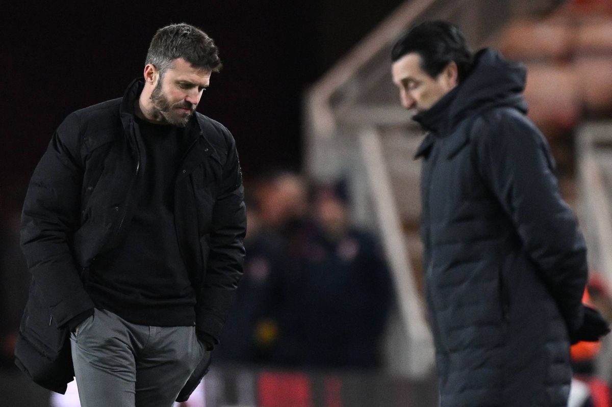 Middlesbrough's English manager Michael Carrick (L) and Aston Villa's Spanish head coach Unai Emery react during the English FA cup third round football match between Middlesbrough and Aston Villa at the Riverside Stadium in Middlesbrough, north-east England on January 6, 2024. (Photo by Oli SCARFF / AFP) / RESTRICTED TO EDITORIAL USE. No use with unauthorized audio, video, data, fixture lists, club/league logos or 'live' services. Online in-match use limited to 120 images. An additional 40 images may be used in extra time. No video emulation. Social media in-match use limited to 120 images. An additional 40 images may be used in extra time. No use in betting publications, games or single club/league/player publications. /  (Photo by OLI SCARFF/AFP via Getty Images)