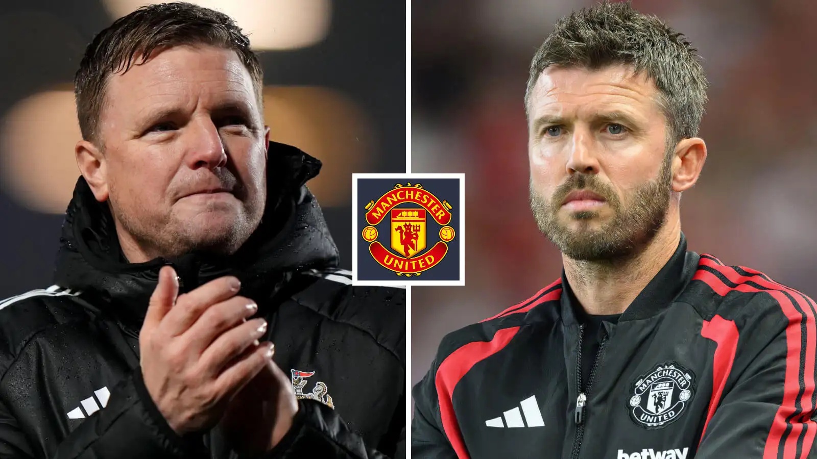 Split image of Former Newcastle United boss Eddie Howe and Manchester United manager Michael Carrick, with the Manchester United badge in between - copyright TEAMtalk